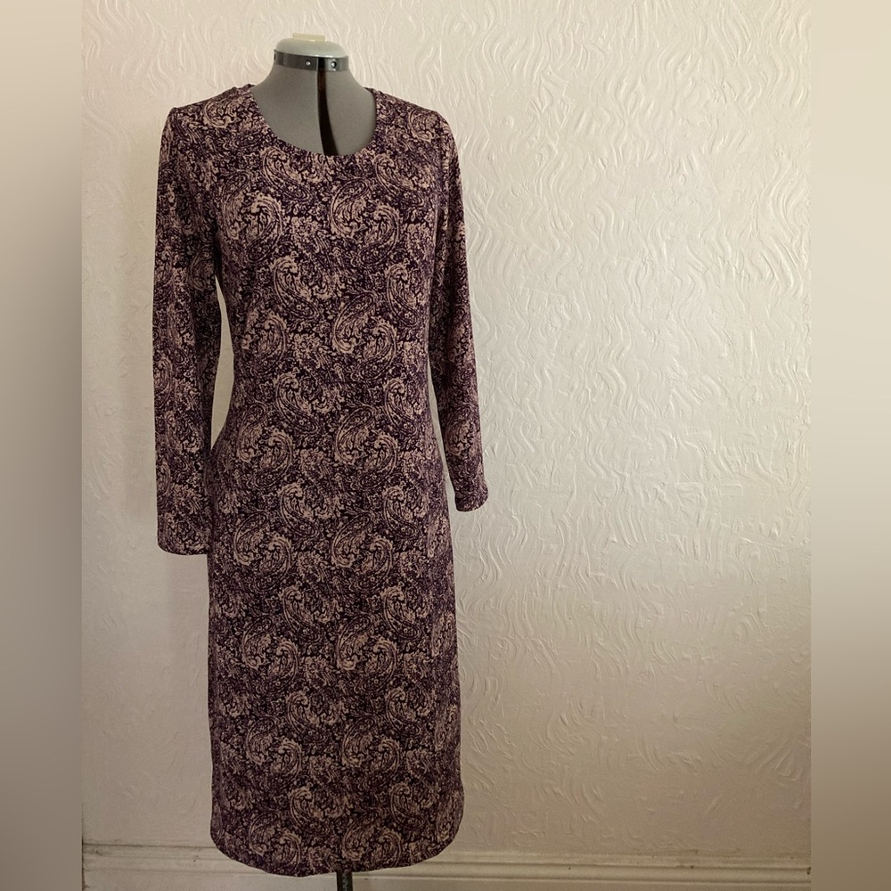 Norm Thompson vintage Purple/Cream print long sleeve dress size M
